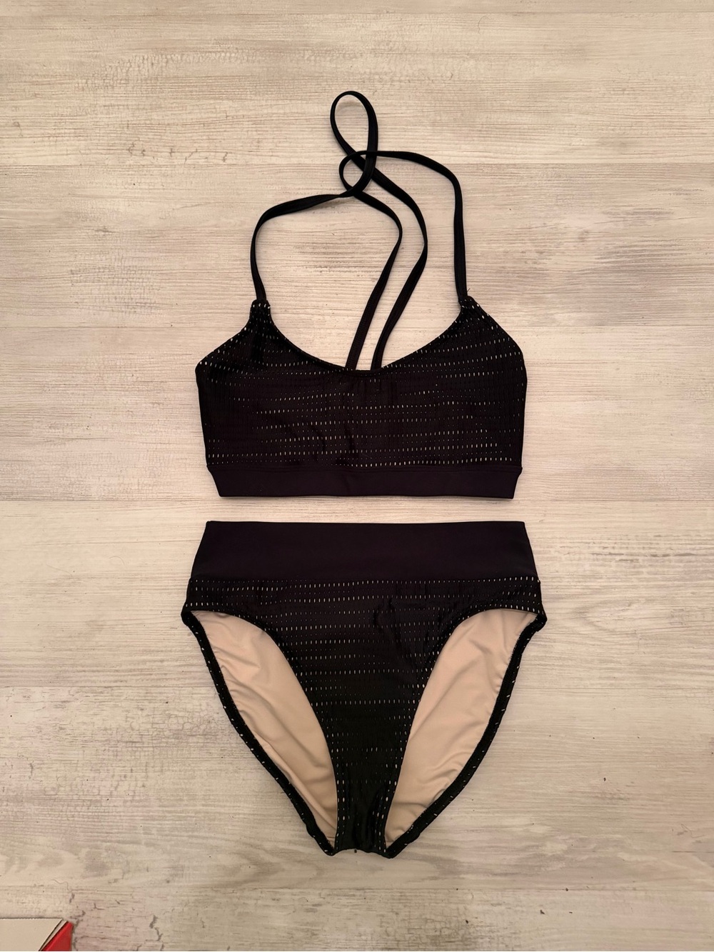 Black High-Waist Two-Piece Bikini with Strappy Crop Top